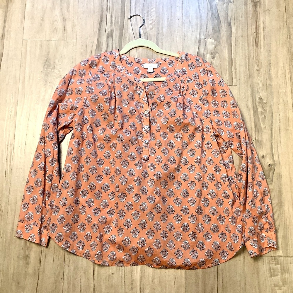 J. Jill Top L Button Down Orange Blue White Floral Long Sleeve Women's Blouse